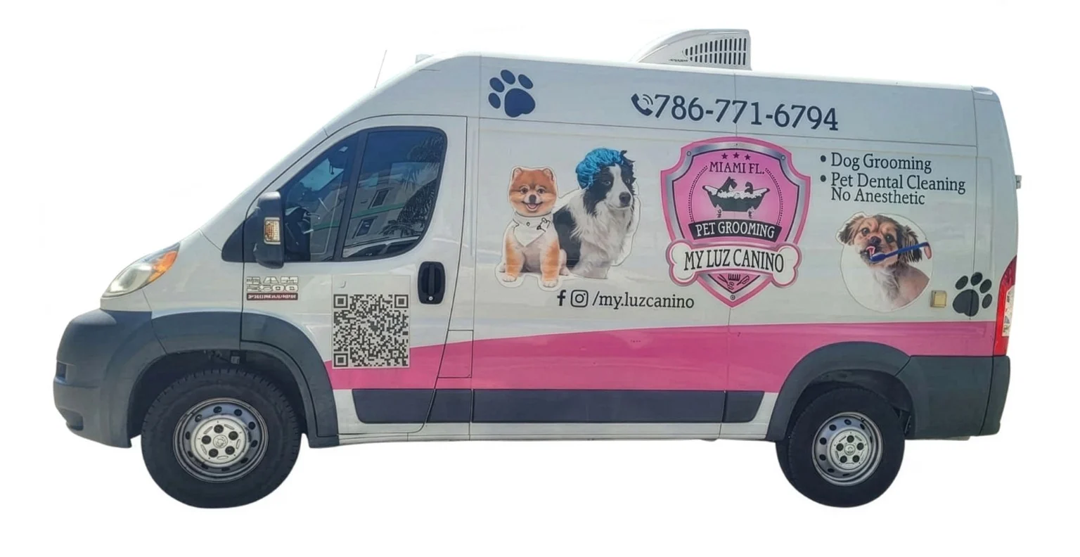 Full left side view of My Luz Canino mobile grooming van